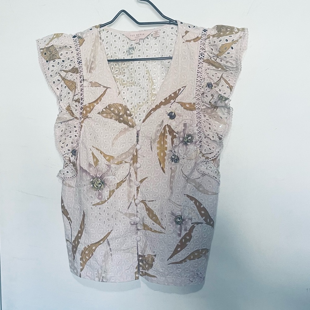 Ted Baker Pink Broderie Blouse Frill Cap Sleeves V Neck